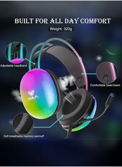 AULA S505 Gaming Headset with Mic for PC,Wired Gaming Headphone,RGB Rainbow Backlit,Virtual 7.1 Surround Sound, 50mm Driver, Soft Memory Earmuffs, Wired Laptop Desktop Computer Headset, Black  - Image 2