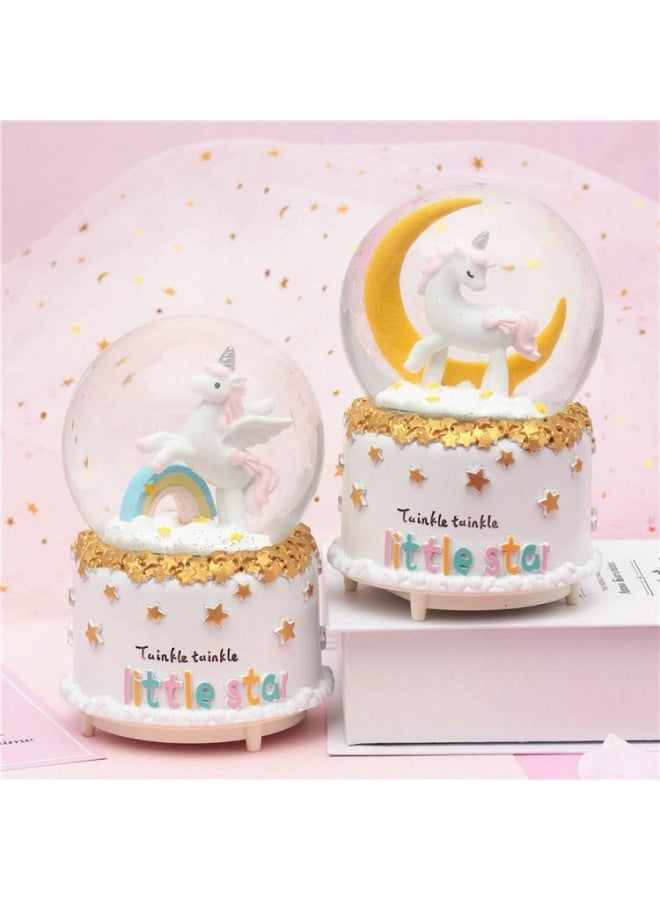 Girl's Heart Rainbow Moon Unicorn Crystal Ball Music Box Lighting Girlfriend Men's And Women's Birthday Graduation Gift Ornaments-Color:Rainbow Unicorn Color Paper Packaging (greeting Card + Flower + Handbag)-Dimensions:Large (automatic Snow + Lights + Music) - Image 2