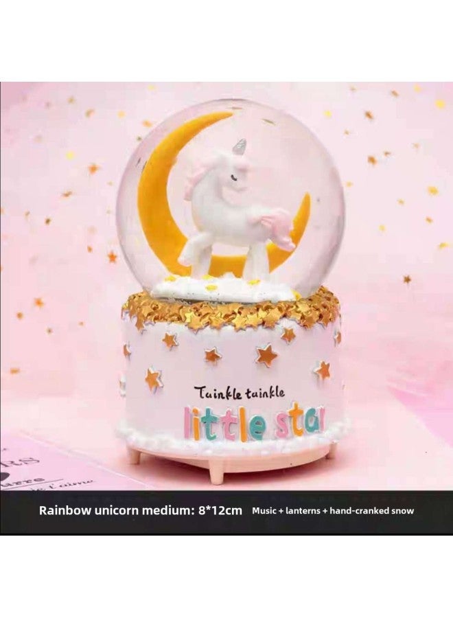 Girl's Heart Rainbow Moon Unicorn Crystal Ball Music Box Lighting Girlfriend Men's And Women's Birthday Graduation Gift Ornaments-Color:Rainbow Unicorn Color Paper Packaging (greeting Card + Flower + Handbag)-Dimensions:Large (automatic Snow + Lights + Music) - Image 4