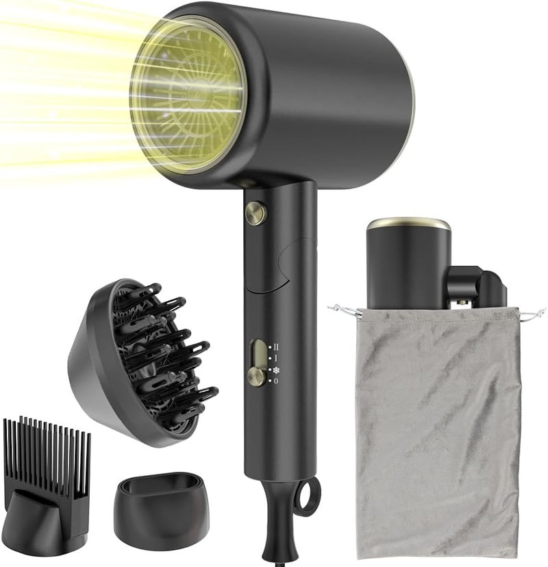 Oxsaytee hair dryer 2400W Professional Salon Mini Size Hair Blow Dryer with Diffuser Low Noise Storage Bag Bow Dryer for Curly Hair Fast Drying For Home Salon Travel (Black) - Image 1