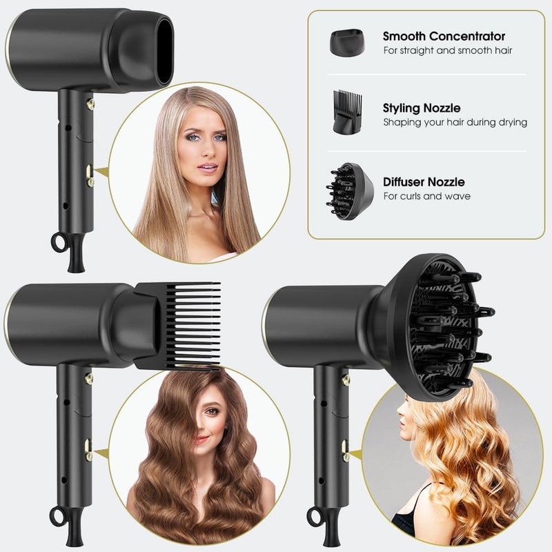 Oxsaytee hair dryer 2400W Professional Salon Mini Size Hair Blow Dryer with Diffuser Low Noise Storage Bag Bow Dryer for Curly Hair Fast Drying For Home Salon Travel (Black) - Image 5