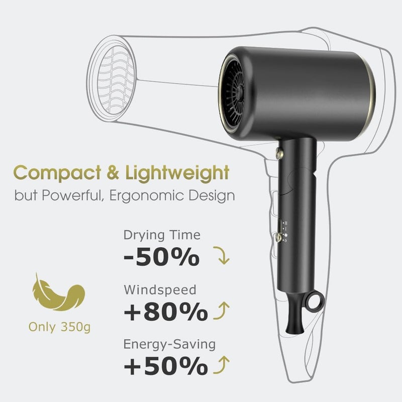 Oxsaytee hair dryer 2400W Professional Salon Mini Size Hair Blow Dryer with Diffuser Low Noise Storage Bag Bow Dryer for Curly Hair Fast Drying For Home Salon Travel (Black) - Image 4