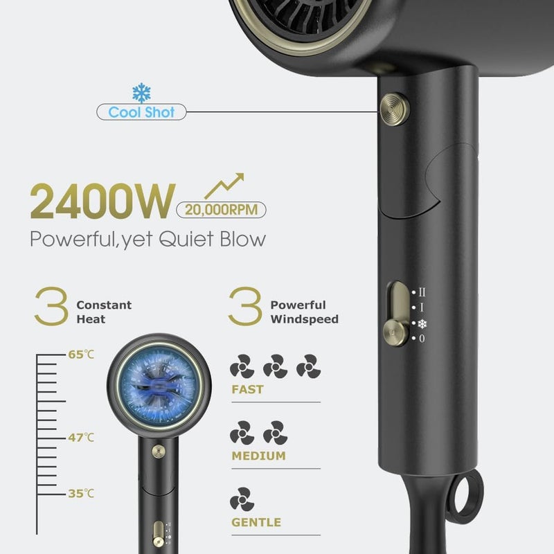 Oxsaytee hair dryer 2400W Professional Salon Mini Size Hair Blow Dryer with Diffuser Low Noise Storage Bag Bow Dryer for Curly Hair Fast Drying For Home Salon Travel (Black) - Image 2