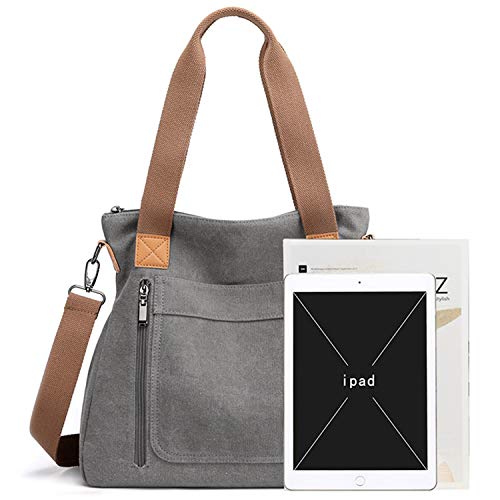 Sunshinejing Women's Canvas Tote Handbags Vintage Casual Shoulder Work Bag Crossbody Purses (Grey) One Size - Image 3