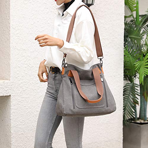 Sunshinejing Women's Canvas Tote Handbags Vintage Casual Shoulder Work Bag Crossbody Purses (Grey) One Size - Image 2