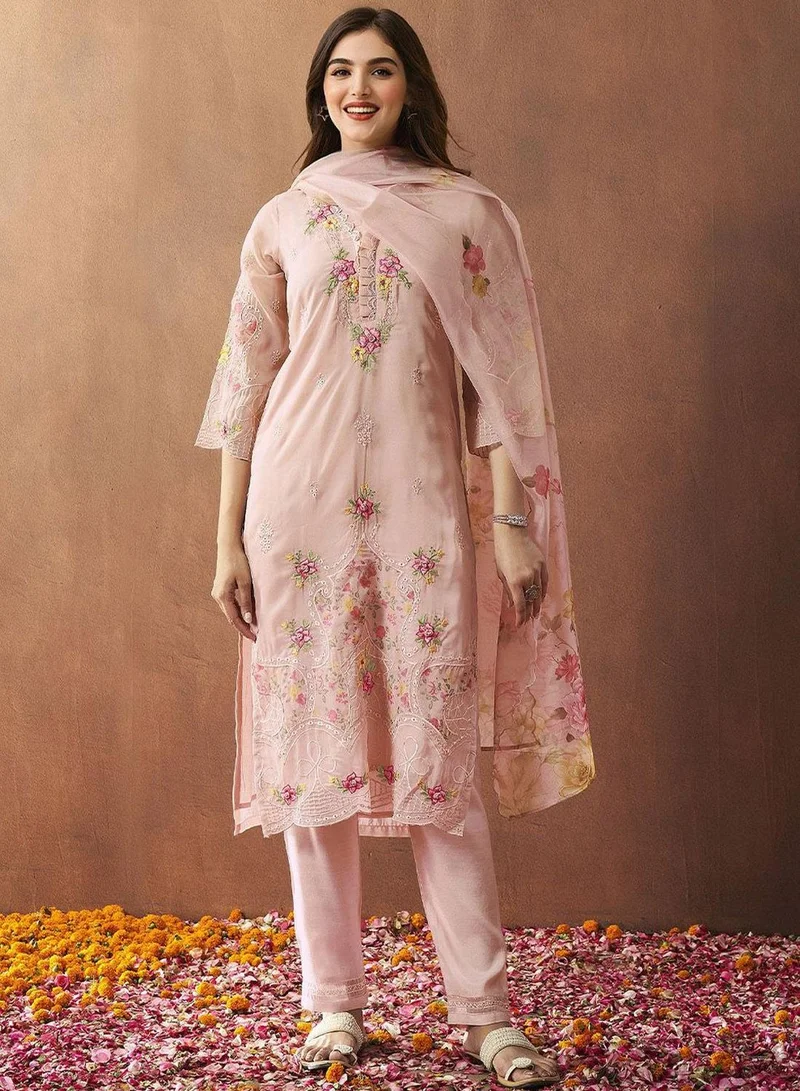 ISHIN Women's Peach Organza Printed Tunic Full Length Casual Straight Fit Kurta Set