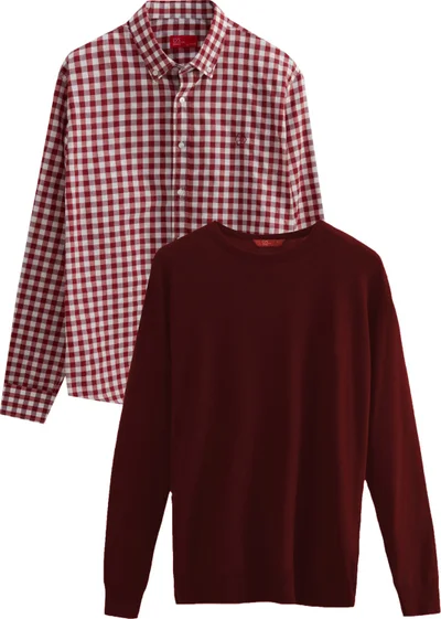 D'S DAMAT D'S Groom Ds Groom Slim Fit Claret Red Cotton Blend 2-Piece Crew Neck Knitwear and Shirt
