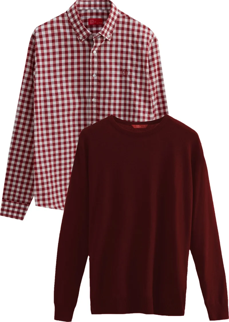 D'S DAMAT D'S Groom Ds Groom Slim Fit Claret Red Cotton Blend 2-Piece Crew Neck Knitwear and Shirt