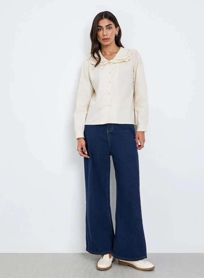 Styli Beige Ruffle Peter Pan Collar Shirt