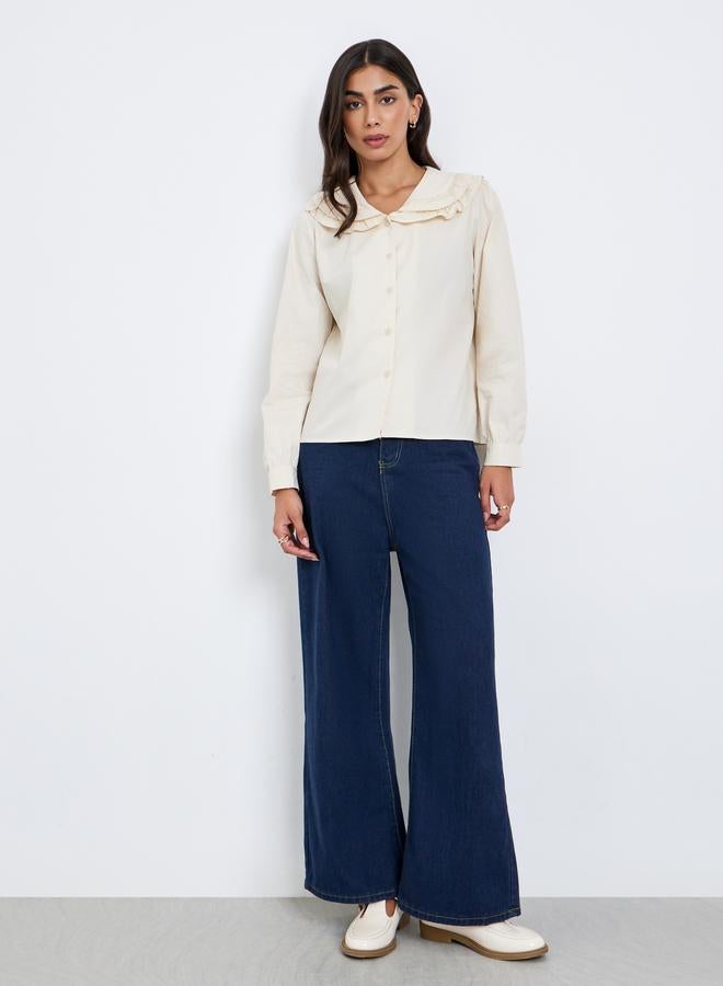 Styli Beige Ruffle Peter Pan Collar Shirt - Image 2