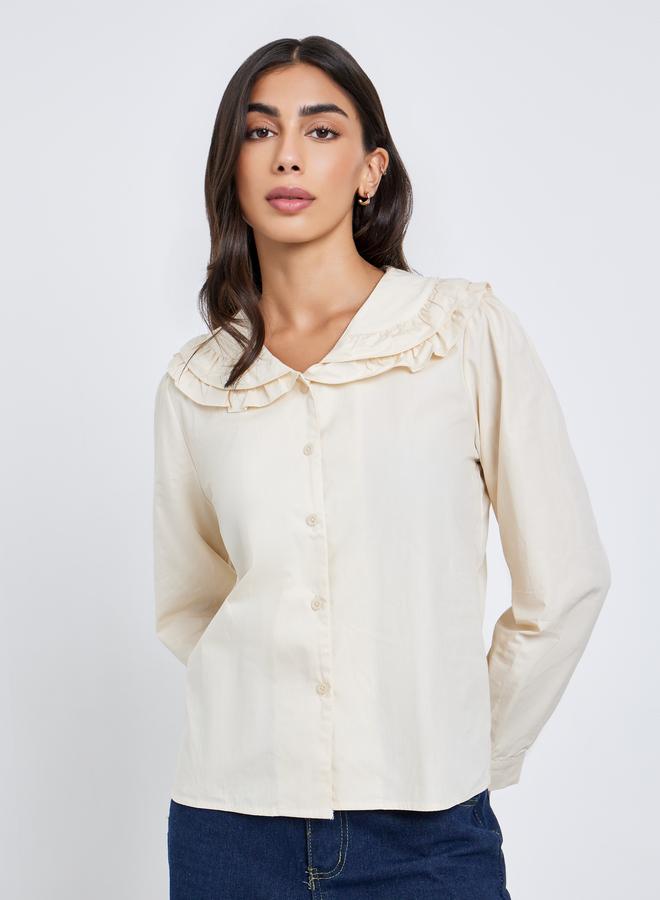 Styli Beige Ruffle Peter Pan Collar Shirt - Image 1