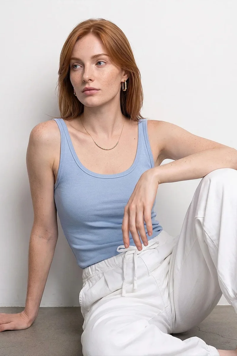 Dilvin Baby Blue DILVIN Ribbed Fitted Camisole Top for Women | Best Price UAE
