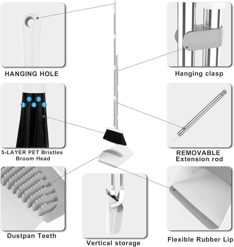 BSKLIN Broom with Dustpan Combo Set, Broom and Dustpan Set for Home Commercial Cleaning Supplies Angle Broom with Long Handle Perfect for Courtyard Garage Street (White) - Image 3