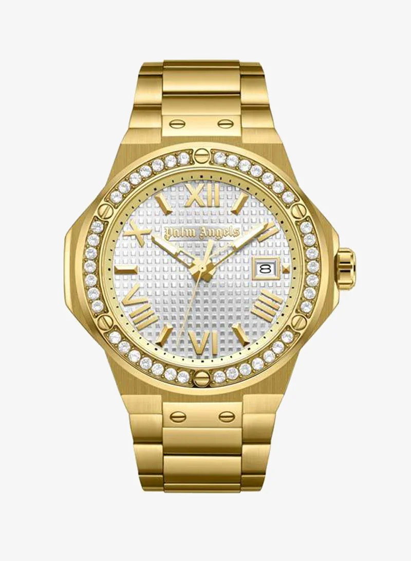 Palm Angels Stratos Silver Dial Gold Stainless Steel Bracelet Analog Watch for Men, 44mm