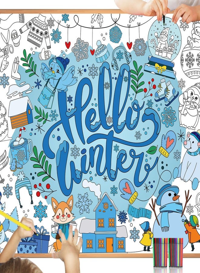 HOWAF Winter Snowflake Giant Coloring Poster with 24 (12 Colors) Paint Pens, Hello Winter Scenes Large Coloring Tablecloth Snowflake Huge Table Cover for Kids Classroom Home Holiday Party Favor - Image 1