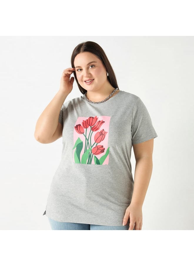 Ulla Popken Plus Size Ulla Popken Floral Print T-shirt with Short Sleeves  - Image 1