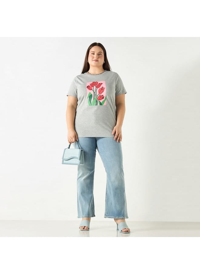 Ulla Popken Plus Size Ulla Popken Floral Print T-shirt with Short Sleeves  - Image 2