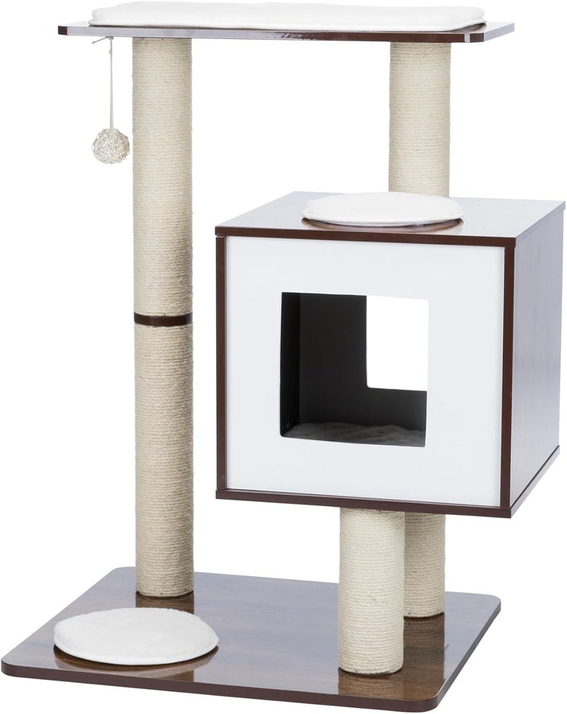 TRIXIE 31in Inola Wooden Cat Tree Jute Scratching Posts Cat Condo with Cushion Removable Cozy Pads Dangling Cat Toy Walnut - Image 1