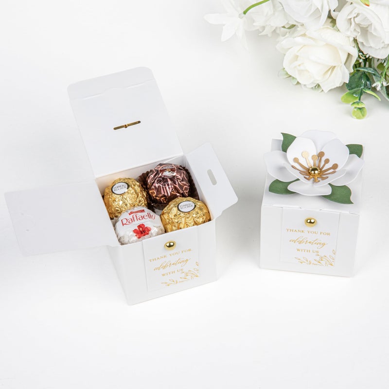 Feiyi 20 Pcs Favor Boxes  3 In 1 White Candy Boxes With Floral Decor  White Thank You Tags Gold Foil Print Gift Wrapping For Wedding  Baby Shower  Birthday  Decorations Party - 2.55X2.55X2.55 - Image 3