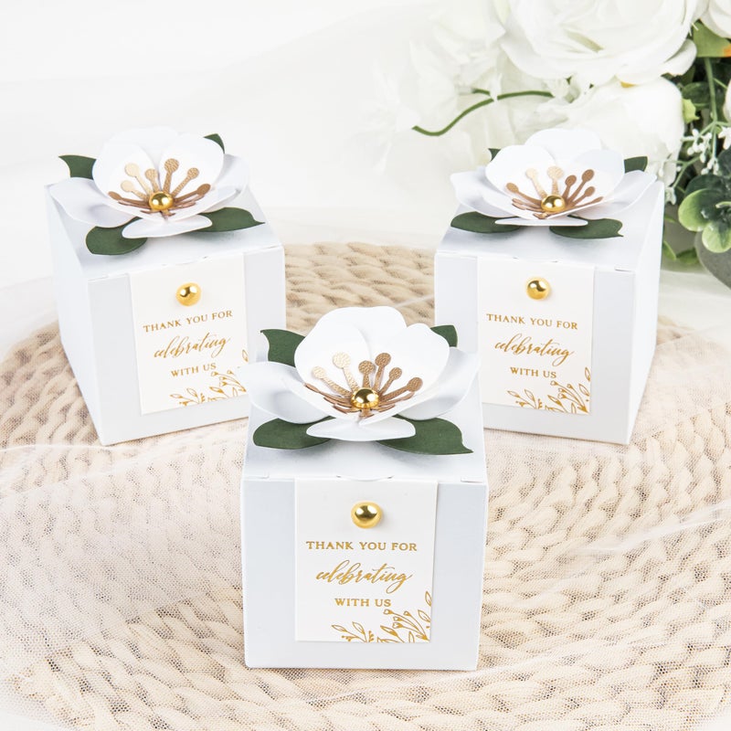 Feiyi 20 Pcs Favor Boxes  3 In 1 White Candy Boxes With Floral Decor  White Thank You Tags Gold Foil Print Gift Wrapping For Wedding  Baby Shower  Birthday  Decorations Party - 2.55X2.55X2.55 - Image 5