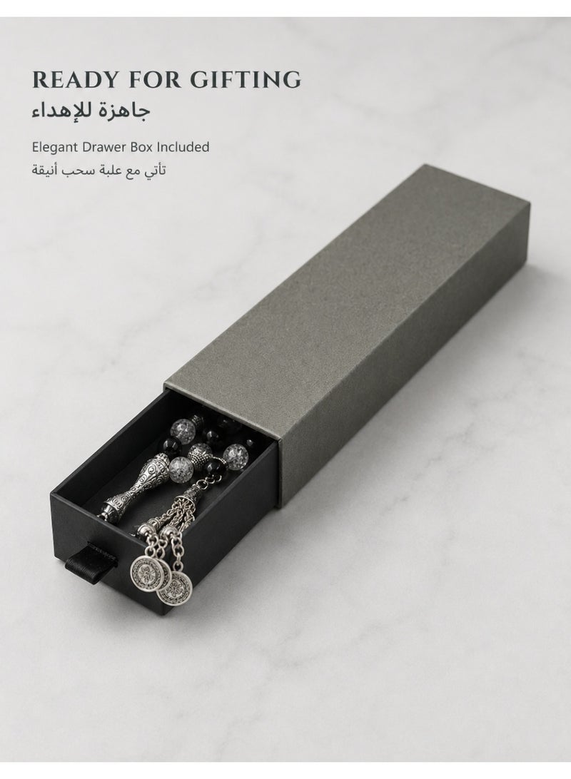 فوريكاسا مسبحة من كريستال الكوارتز الأبيض والأسود - تصميم فاخر بلمسات فضية - ٣٣ خرزة ١٠ ملم - Image 5