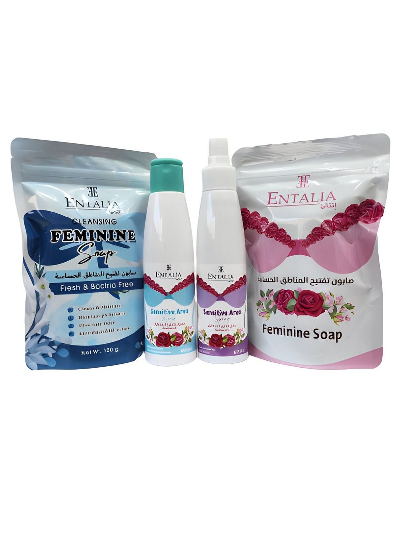 إنتاليا مجموعة تايلاندية لتلطيف المناطق الحساسة التي تعطي لمسة حريرية وناعمة بشكل رهيب وأنيق والمكونه من صابون نسائي بخلاصة الورد لتلطيف المناطق الحساسة 100 غرام + صابون نسائي منظف منعش خالٍ من البكتيريا 100 غرام +  بخاخ بخلاصة الورد لتلطيف المناطق الحساسة 200 مل + غسول بخلاصة الورد للمناطق الحساسة 200 مل - Image 3