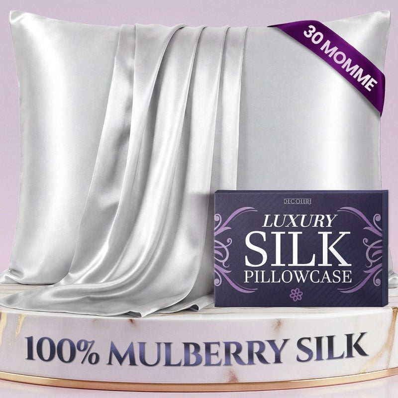 DECOLURE 100% Pure Mulberry Silk Pillow Case Standard Size - Highest Grade 30 Momme 6A+, Luxuriously Soft & Cooling Silk Pillowcase for Hair & Skin, Hypoallergenic, Breathable, Hidden Zipper (White) - Image 1