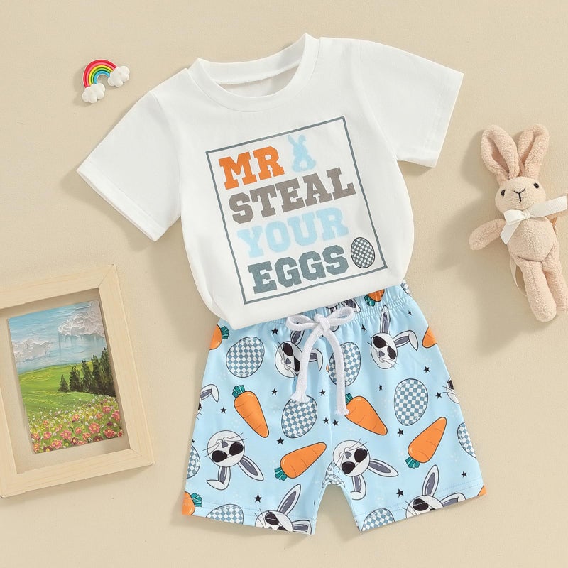 Okbabeha Toddler Baby Boy Easter Outfit Mr Steal Your Eggs Shirt Carrot Bunny Shorts 2Pcs Boys Easter Clothing Set 6M-4T (Mr Steal Your Eggs-Blue, 2-3 Years) - Image 2