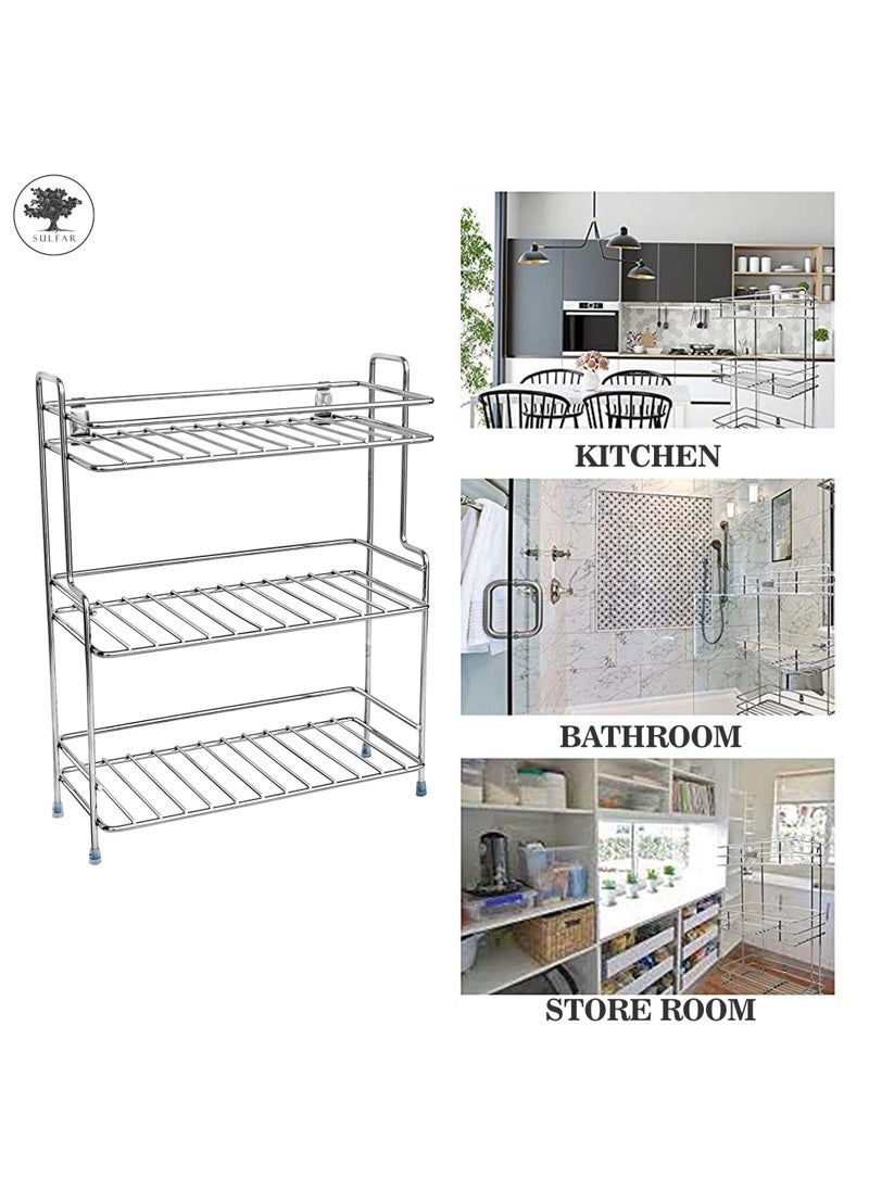 sulfar - Sulfar 3 Tier Trolley Rack for Boxes Utensils Dishes Plates for Home/Stainless Steel Kitchen Rack for Spice and Dishes for Kitchen and Home (Silver) - Image 1
