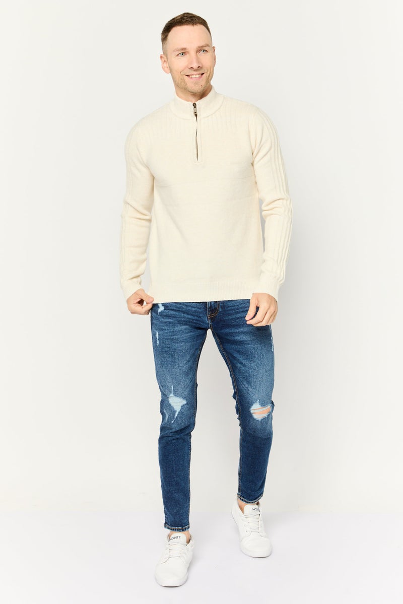 Thomas Sterling Men Mock Neck Long Sleeve Textured Sweater, Cream  - Image 2