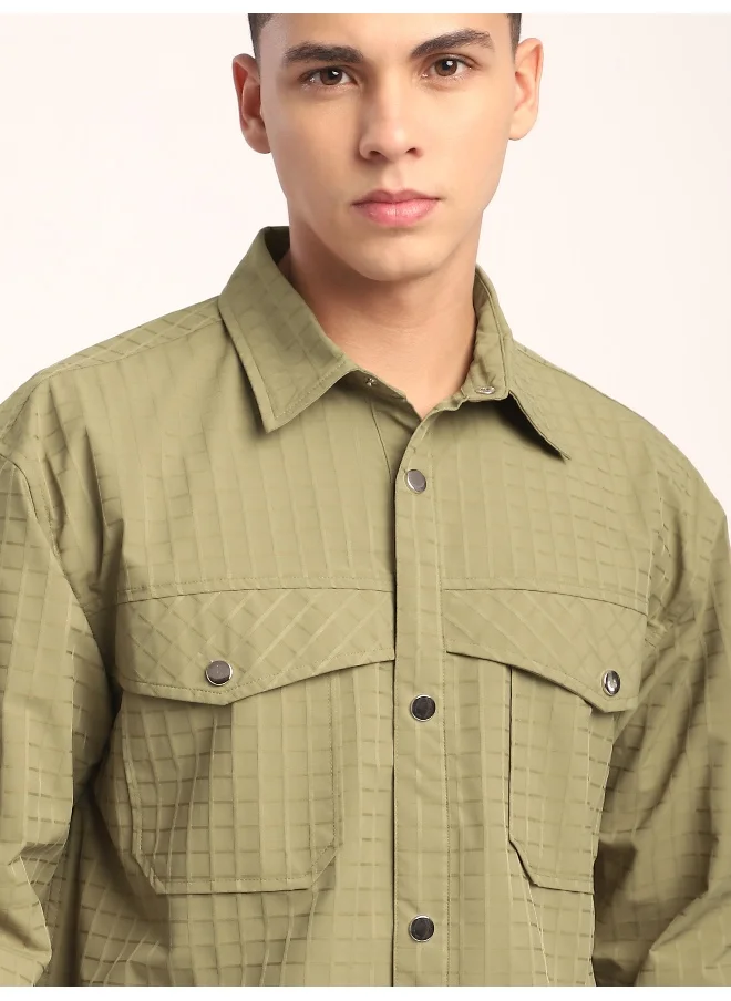 Beyoung Pale Olive Block Textured Shacket