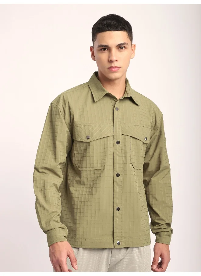 Beyoung Pale Olive Block Textured Shacket