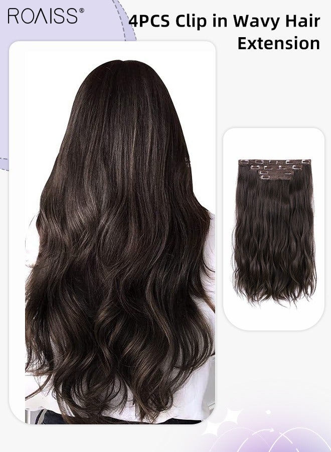 رويس 4 قطع من وصلات الشعر المموجة بالمشابك، وصلات شعر صناعية طويلة غير مرئية قابلة للتعديل ومقاومة للحرارة للفتيات والنساء، بني داكن، 55 سم (22 بوصة) - Image 1