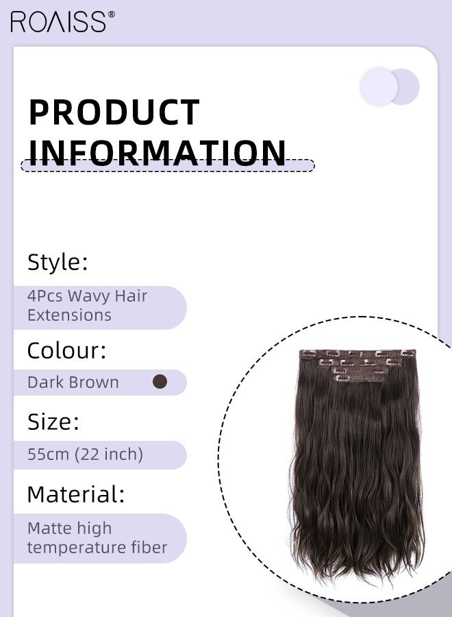 رويس 4 قطع من وصلات الشعر المموجة بالمشابك، وصلات شعر صناعية طويلة غير مرئية قابلة للتعديل ومقاومة للحرارة للفتيات والنساء، بني داكن، 55 سم (22 بوصة) - Image 3