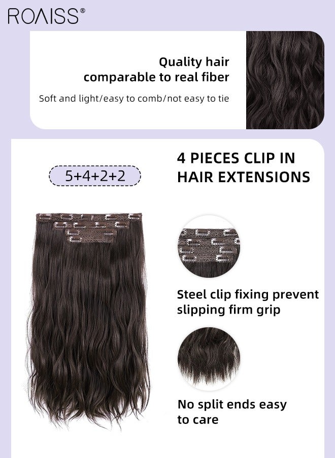 رويس 4 قطع من وصلات الشعر المموجة بالمشابك، وصلات شعر صناعية طويلة غير مرئية قابلة للتعديل ومقاومة للحرارة للفتيات والنساء، بني داكن، 55 سم (22 بوصة) - Image 4