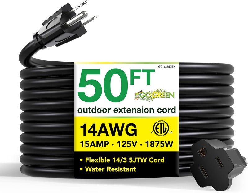 كابل تمديد خارجي أسود 50 قدم من Go Green Power Inc 143 GG13850BK متين وعالي التحمل مثالي للأدوات والمعدات الخارجية