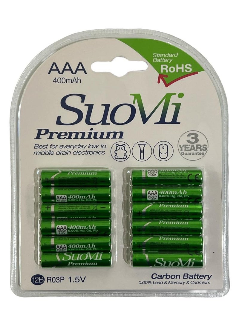 Suomi 12 Pcs SuoMi Premium AAA Carbon Batteries, 400mAh R03P 1.5V, Leak-Proof, 0% Lead Mercury Cadmium, ISO 9001 & 14001, ROHS Certified 