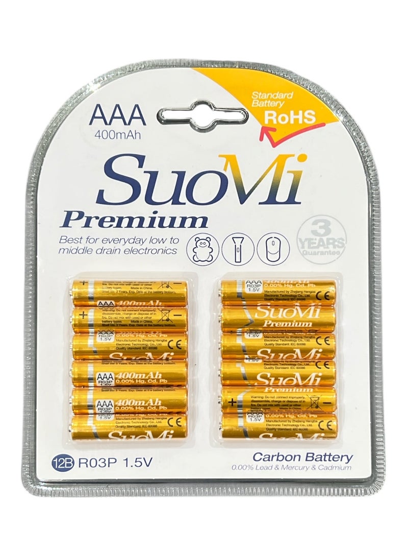 Suomi 12 Pcs SuoMi Premium AAA Carbon Batteries, 400mAh R03P 1.5V, Leak-Proof, 0% Lead Mercury Cadmium, ISO 9001 & 14001, ROHS Certified - Image 1
