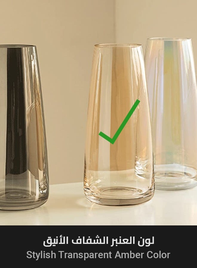 سويس كانتون فازة زهور زجاجية فاخرة – 20 سم، تصميم مدبب أنيق، 10 سم قطر، تشطيب شفاف باللون الكهرماني، متينة ومستقرة، سهلة التنظيف، مثالية للباقة أو كزينة مستقلة، متعددة الاستخدامات للمنزل والمكتب - Image 2