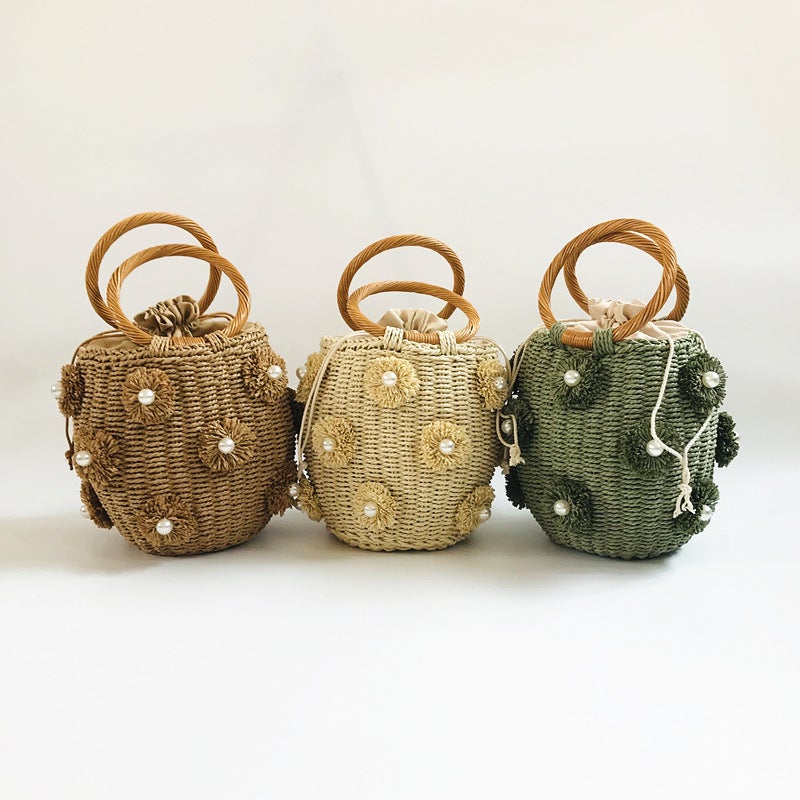 Z New Women'S Bag A Flower Artificial Pearl Decoration R Portable Basket Bag Woven Bag Straw Woven Bag Source Manufacturer - Image 1