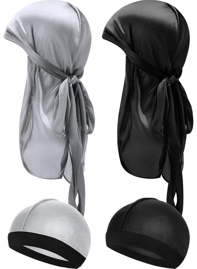 Geyoga Geyoga 4 Pieces Kids Silky Durag with Wave Caps Set Unisex Baby Durags Long Tail and Wide Strap Headwraps Turban Beanies  - Image 1