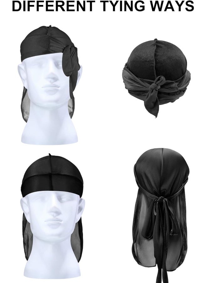 Geyoga Geyoga 4 Pieces Kids Silky Durag with Wave Caps Set Unisex Baby Durags Long Tail and Wide Strap Headwraps Turban Beanies  - Image 4