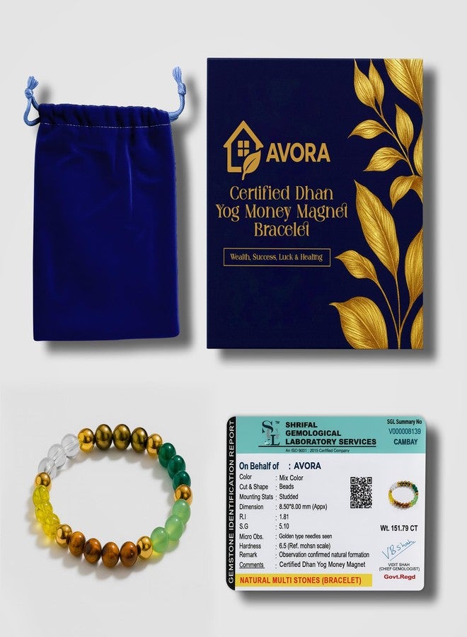AVORA Certified Dhan Yog Money Magnet Bracelet for Men & Women | Natural Pyrite, Citrine, Green Aventurine, Tiger Eye & Clear Quartz Crystal 8mm Beads | Wealth, Luck & Prosperity - Image 3