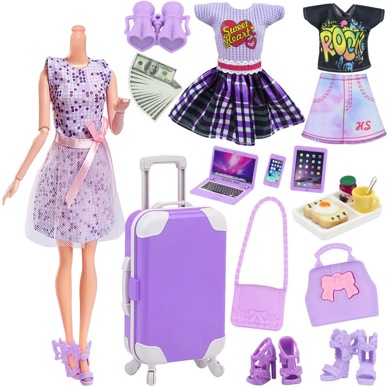18INDC 17 Pcs Doll Clothes and Accessories Suitcase Travel Set Miniature Laptop Computer Tablet Phone SuitcaseBackpack BagClothes SetShoesTelescopeDollarsOmelette Toast Set for 115 Doll - Image 4