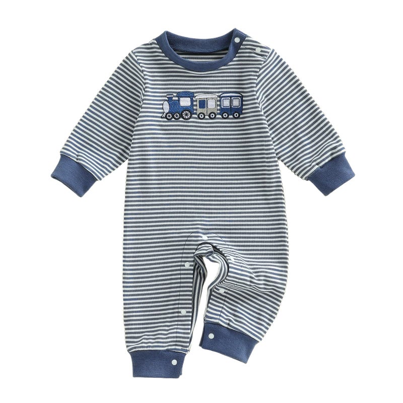 Mieeyali Newborn Baby Boy Clothes Truck Train Jumpsuit Striped Waffle Knit Romper One Piece Fall Winter Outfits (Blue Car B, 3-6 Months) - Image 1