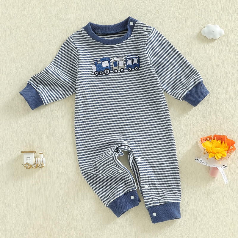 Mieeyali Newborn Baby Boy Clothes Truck Train Jumpsuit Striped Waffle Knit Romper One Piece Fall Winter Outfits (Blue Car B, 3-6 Months) - Image 4