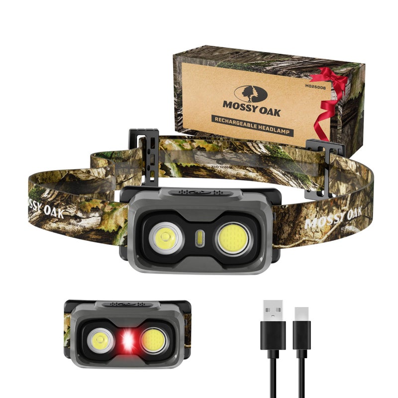 Mossy Oak 600 Lumens Rechargeable Headlamp, Lightweight LED Headlight with White & Red Light, Waterproof Head Lamp with Non-Slip Band, Dimmable & Memory Function for Camping, Hunting, Valentine's Day - Image 1