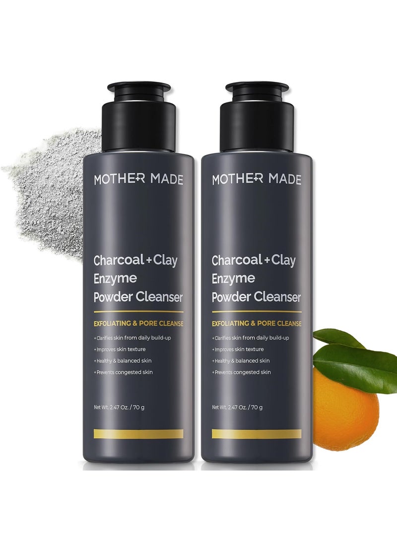 MOTHER MADE Charcoal Clay Enzyme Powder Vegan Facial Cleanser 2 EA with Salicylic Acid Vitamin C Hyaluronic Acid Super Gentle Exfoliating Face Scrub Pore Cleansing Exfoliant 