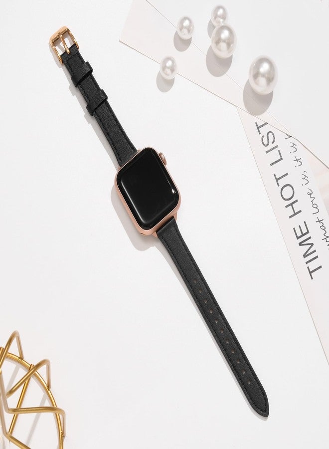 أساور جلدية رفيعة من STIROLL متوافقة مع ساعة Apple Watch، مقاسات 38 مم، 40 مم، 42 مم، 44 مم، مصنوعة من جلد عالي الجودة، سوار معصم رفيع لساعة iWatch SE Series 6/5/4/3/2/1 (أسود مع ذهبي وردي 42 مم/44 مم) - Image 4