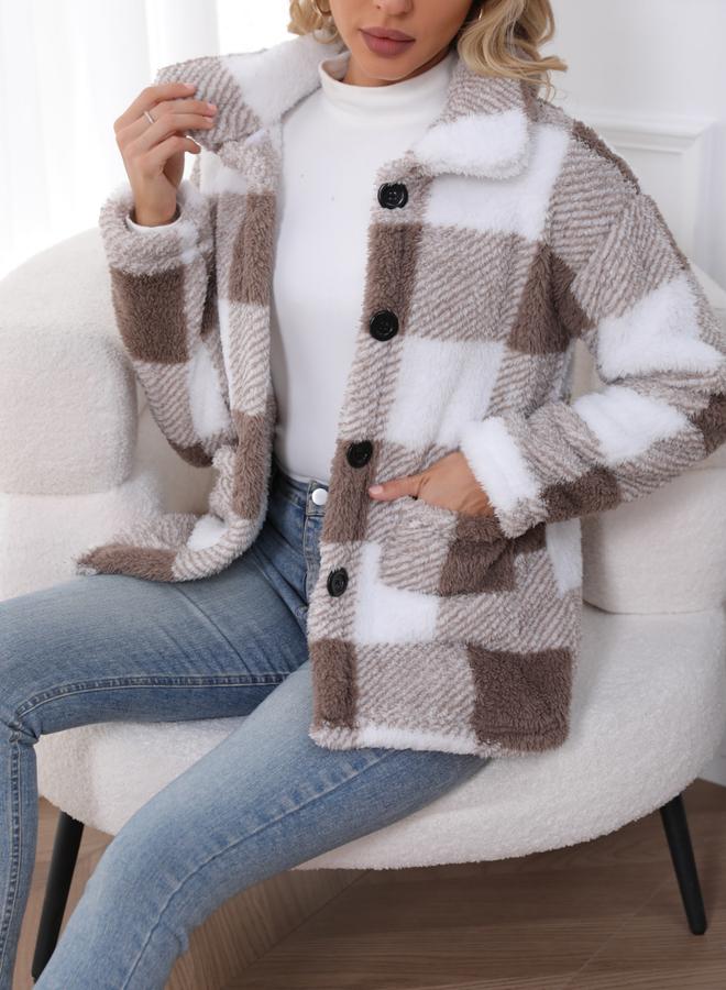 Take Two Women Checked Button Front Pocket Detail Plush Coat - Image 1